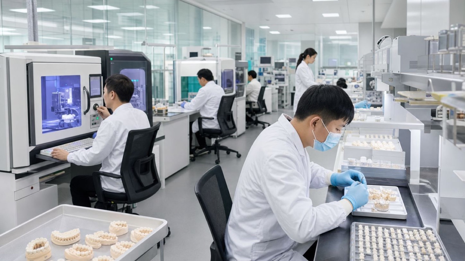 MEIJIA DENTAL production floor with CAD/CAM equipment and technicians in Shenzhen