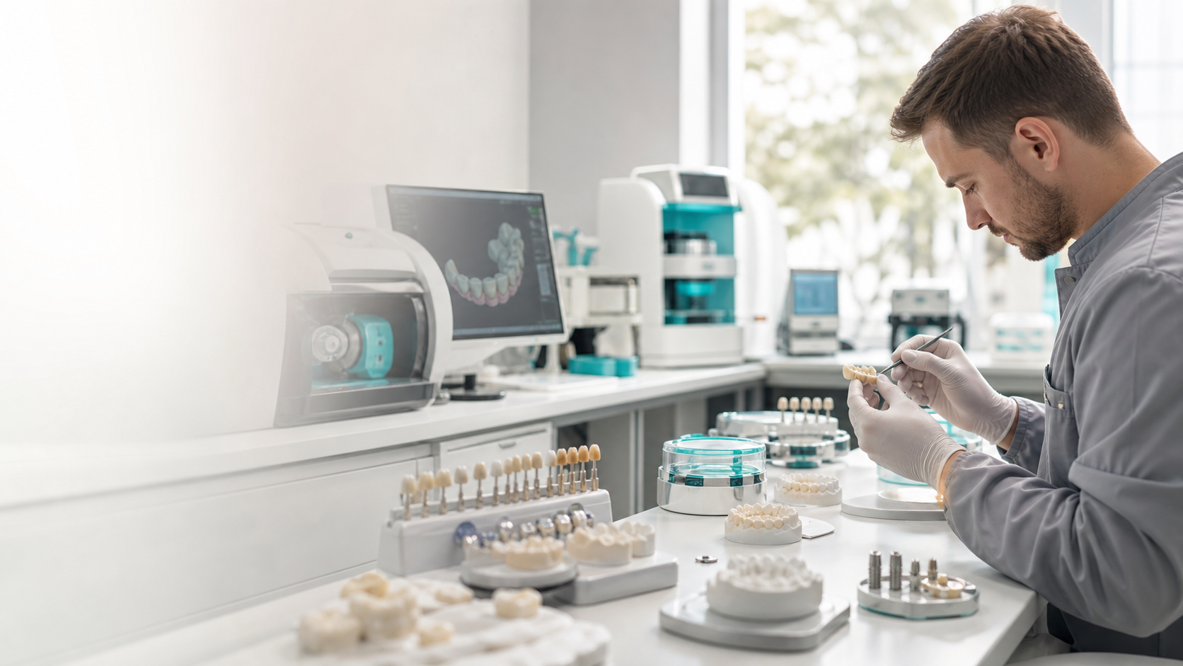 Modern dental laboratory with CAD/CAM equipment and ceramic restorations