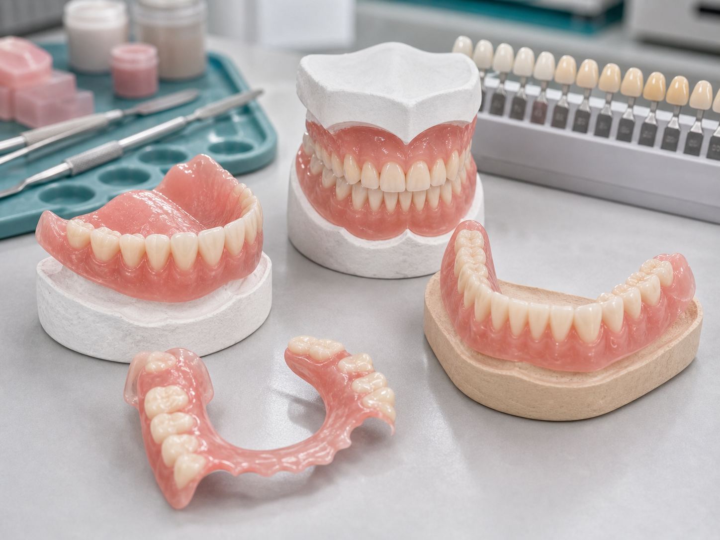 Close-up of full and partial acrylic dentures with pink bases