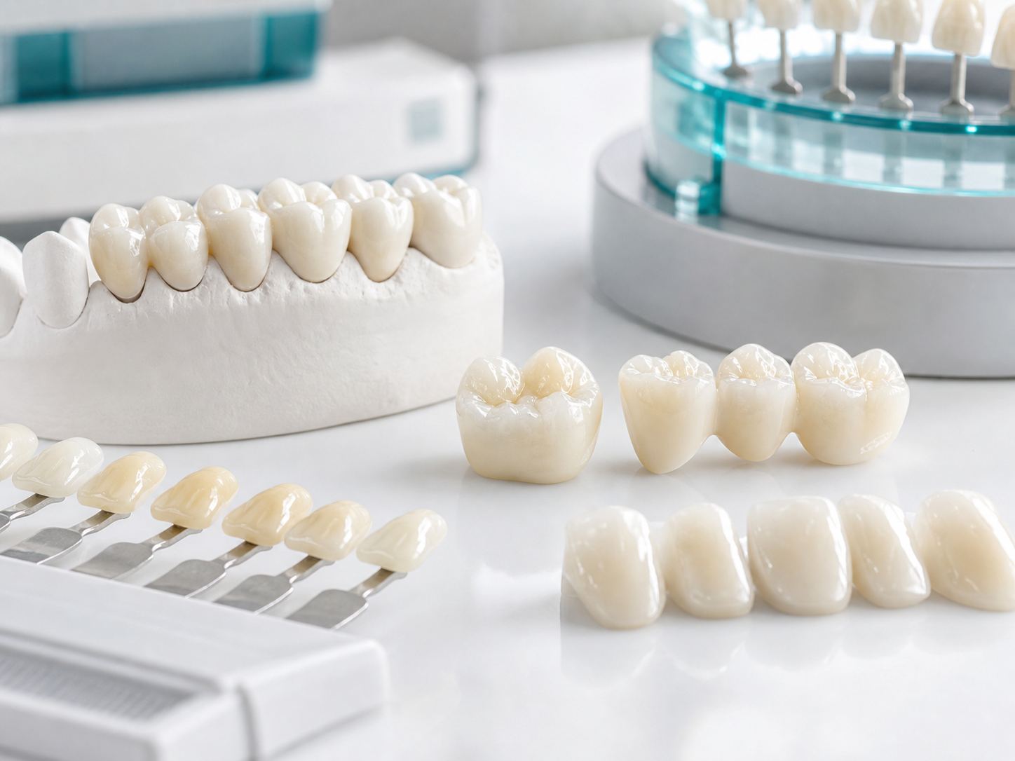 All-ceramic crowns and veneers on a dental laboratory bench
