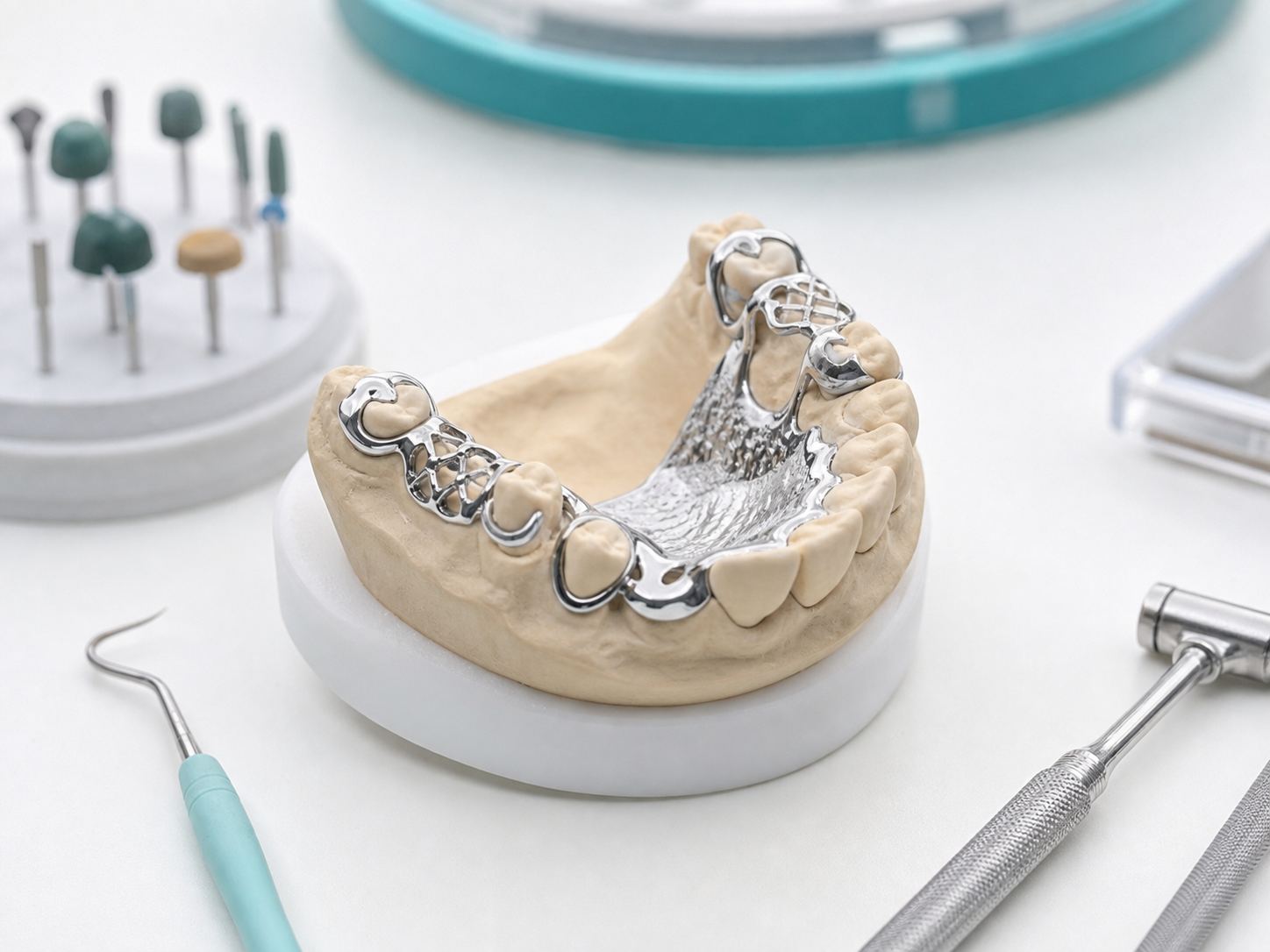 Cast partial denture framework on a dental model