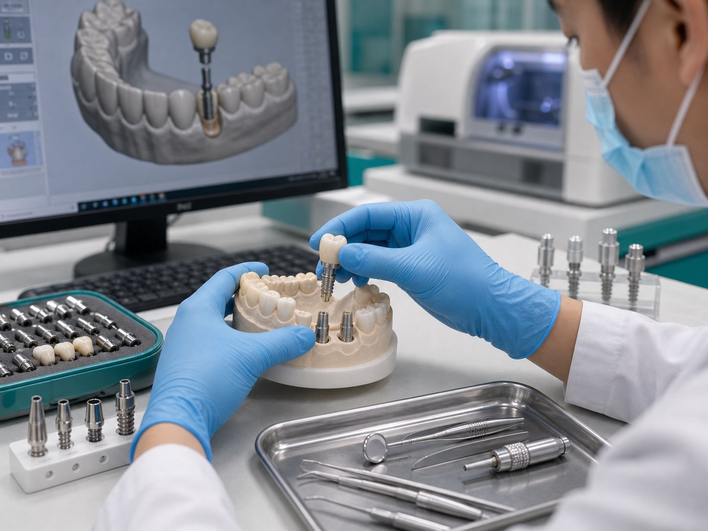 Technician checking a screw-retained implant crown on a model