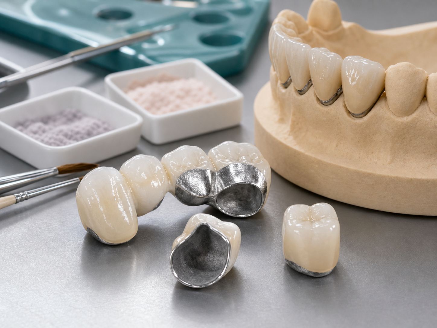 Close-up of PFM crowns showing porcelain over metal coping
