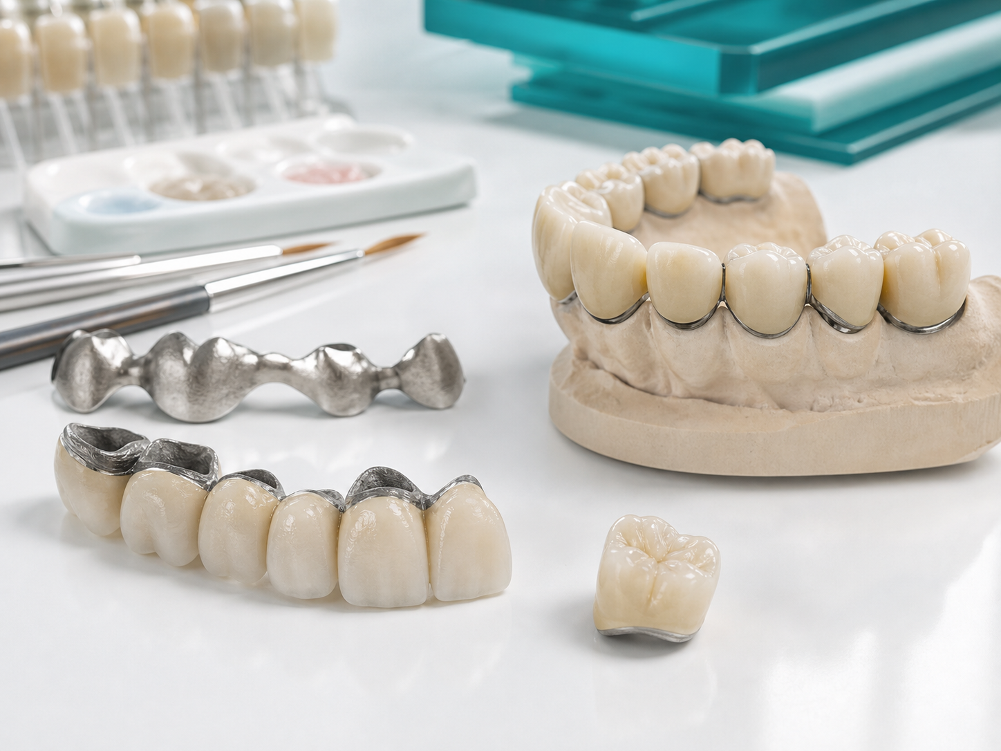 Porcelain fused to metal crowns and bridge framework in a dental lab