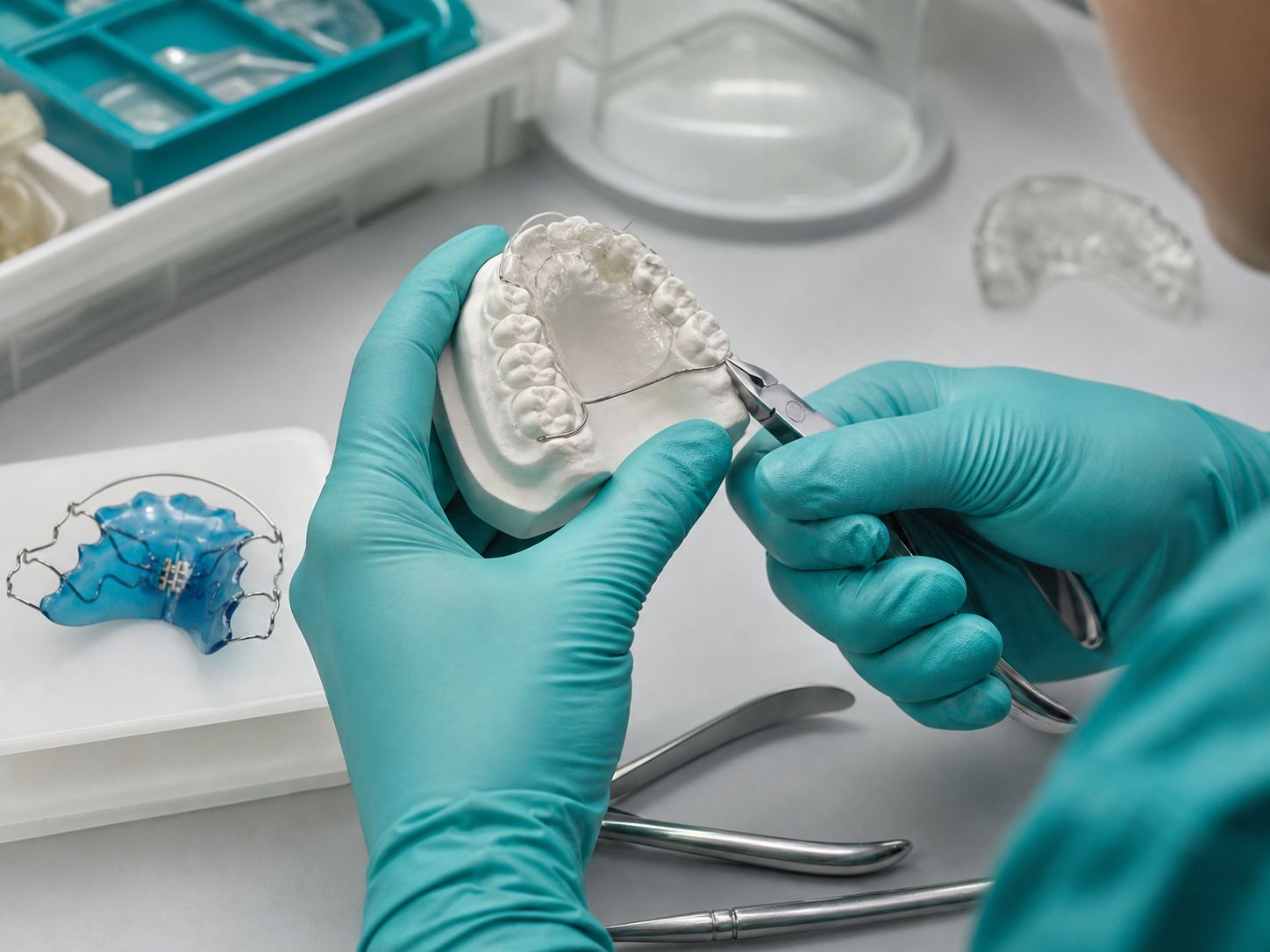 Technician trimming a clear retainer on an orthodontic model